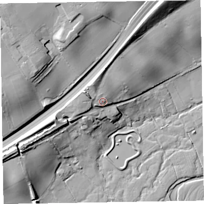 Shaded relief map of the ground around EX143BL, computed from Environment Agency LiDAR. The ground here sits at about 66 m above sea level and falls 30 m across the surrounding 800 m. Surface water reaching this point runs off ground lying to the north, 5.2 m higher.