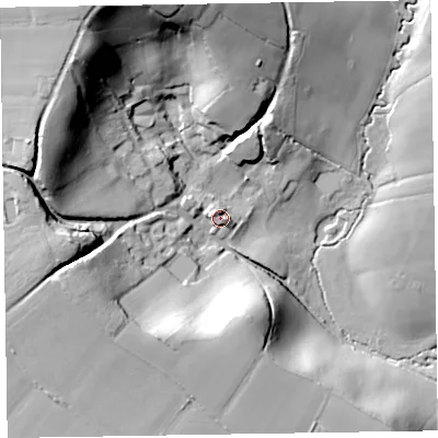 Shaded relief map of the ground around EX143BY, computed from Environment Agency LiDAR. The ground here sits at about 74 m above sea level and falls 51 m across the surrounding 800 m. Surface water reaching this point runs off ground lying to the west-north-west, 4.4 m higher.