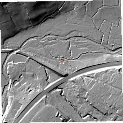 Shaded relief map of the ground around EX143FA, computed from Environment Agency LiDAR. The ground here sits at about 85 m above sea level and falls 39 m across the surrounding 800 m. Surface water reaching this point runs off ground lying to the south-east, 19.9 m higher.