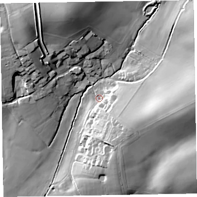 Shaded relief map of the ground around EX143HA, computed from Environment Agency LiDAR. The ground here sits at about 86 m above sea level and falls 33 m across the surrounding 800 m. Surface water reaching this point runs off ground lying to the north-north-west, 25.2 m higher.