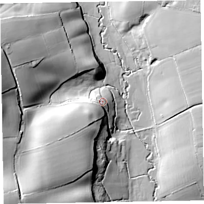 Shaded relief map of the ground around EX143HF, computed from Environment Agency LiDAR. The ground here sits at about 82 m above sea level and falls 39 m across the surrounding 800 m. Surface water reaching this point runs off ground lying to the south-west, 14.3 m higher.