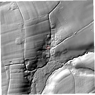 Shaded relief map of the ground around EX143HZ, computed from Environment Agency LiDAR. The ground here sits at about 88 m above sea level and falls 18 m across the surrounding 800 m. Surface water reaching this point runs off ground lying to the north-east, 12.4 m higher.