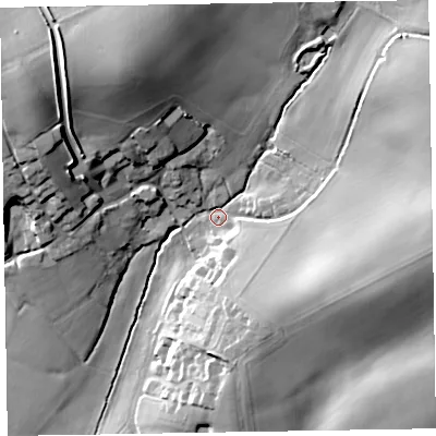 Shaded relief map of the ground around EX143JP, computed from Environment Agency LiDAR. The ground here sits at about 87 m above sea level and falls 31 m across the surrounding 800 m. Surface water reaching this point runs off ground lying to the east, 24.5 m higher.