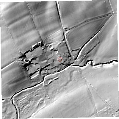Shaded relief map of the ground around EX143LJ, computed from Environment Agency LiDAR. The ground here sits at about 103 m above sea level and falls 25 m across the surrounding 800 m. Surface water reaching this point runs off ground lying to the north-north-west, 15.0 m higher.
