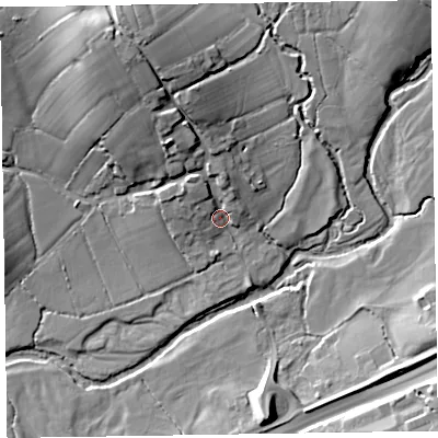 Shaded relief map of the ground around EX143NZ, computed from Environment Agency LiDAR. The ground here sits at about 77 m above sea level and falls 23 m across the surrounding 800 m. Surface water reaching this point runs off ground lying to the north-north-west, 17.2 m higher.