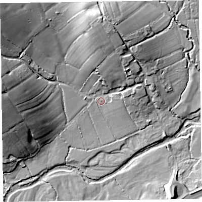 Shaded relief map of the ground around EX143PF, computed from Environment Agency LiDAR. The ground here sits at about 76 m above sea level and falls 28 m across the surrounding 800 m. Surface water reaching this point runs off ground lying to the north, 18.0 m higher.