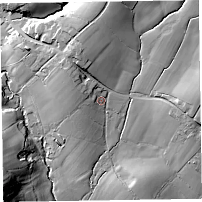 Shaded relief map of the ground around EX143PH, computed from Environment Agency LiDAR. The ground here sits at about 103 m above sea level and falls 42 m across the surrounding 800 m. Surface water reaching this point runs off ground lying to the north-north-west, 14.7 m higher.