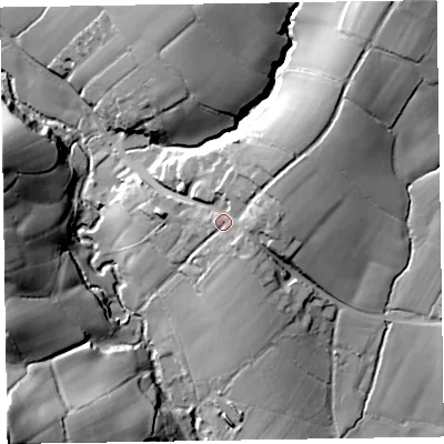 Shaded relief map of the ground around EX143PJ, computed from Environment Agency LiDAR. The ground here sits at about 109 m above sea level and falls 51 m across the surrounding 800 m. Surface water reaching this point runs off ground lying to the north-east, 29.0 m higher.