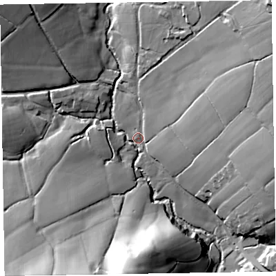 Shaded relief map of the ground around EX143PN, computed from Environment Agency LiDAR. The ground here sits at about 101 m above sea level and falls 46 m across the surrounding 800 m. Surface water reaching this point runs off ground lying to the north-east, 41.6 m higher.