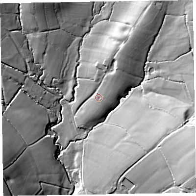 Shaded relief map of the ground around EX143PR, computed from Environment Agency LiDAR. The ground here sits at about 120 m above sea level and falls 45 m across the surrounding 800 m. Surface water reaching this point runs off ground lying to the north-north-east, 14.3 m higher.