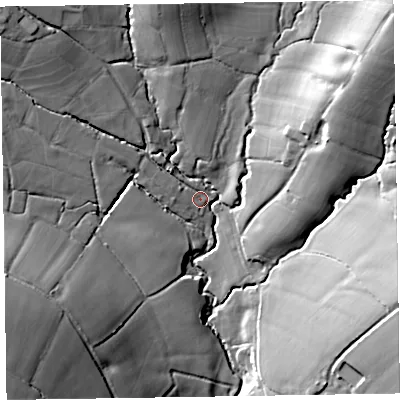 Shaded relief map of the ground around EX143PS, computed from Environment Agency LiDAR. The ground here sits at about 113 m above sea level and falls 34 m across the surrounding 800 m. Surface water reaching this point runs off ground lying to the north-east, 26.2 m higher.