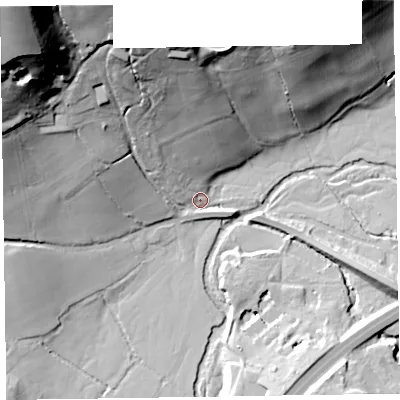 Shaded relief map of the ground around EX143SL, computed from Environment Agency LiDAR. The ground here sits at about 83 m above sea level and falls 77 m across the surrounding 800 m. Surface water reaching this point runs off ground lying to the north, 42.1 m higher.