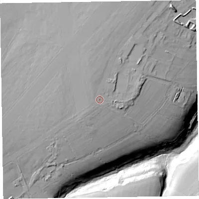 Shaded relief map of the ground around EX144LH, computed from Environment Agency LiDAR. The ground here sits at about 253 m above sea level and falls 36 m across the surrounding 800 m. Surface water reaching this point runs off ground lying to the north-north-west, 1.5 m higher.