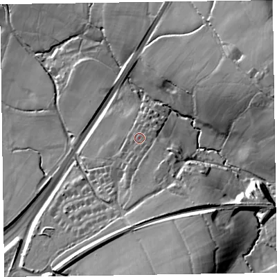 Shaded relief map of the ground around EX144PT, computed from Environment Agency LiDAR. The ground here sits at about 122 m above sea level and falls 56 m across the surrounding 800 m. Surface water reaching this point runs off ground lying to the south-south-east, 3.1 m higher.