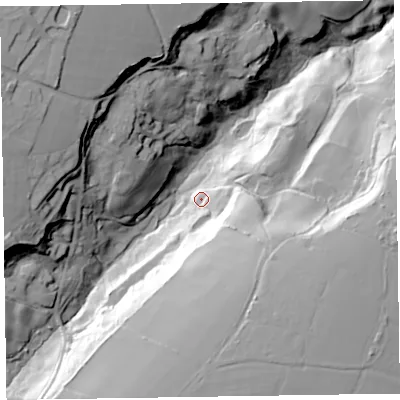 Shaded relief map of the ground around EX144RG, computed from Environment Agency LiDAR. The ground here sits at about 209 m above sea level and falls 58 m across the surrounding 800 m. Surface water reaching this point runs off ground lying to the south-south-east, 44.9 m higher.