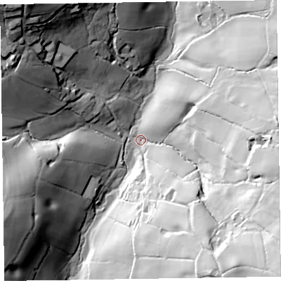 Shaded relief map of the ground around EX144RU, computed from Environment Agency LiDAR. The ground here sits at about 143 m above sea level and falls 78 m across the surrounding 800 m. Surface water reaching this point runs off ground lying to the south-east, 71.3 m higher.