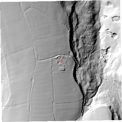 Shaded relief map of the ground around EX144RW, computed from Environment Agency LiDAR. The ground here sits at about 229 m above sea level and falls 73 m across the surrounding 800 m. Surface water reaching this point runs off ground lying to the west, 7.8 m higher.