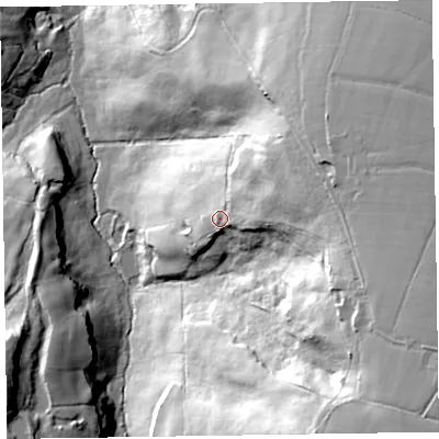 Shaded relief map of the ground around EX144ST, computed from Environment Agency LiDAR. The ground here sits at about 211 m above sea level and falls 78 m across the surrounding 800 m. Surface water reaching this point runs off ground lying to the east-north-east, 26.5 m higher.
