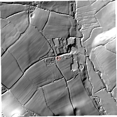 Shaded relief map of the ground around EX144TN, computed from Environment Agency LiDAR. The ground here sits at about 114 m above sea level and falls 60 m across the surrounding 800 m. Surface water reaching this point runs off ground lying to the west-south-west, 38.8 m higher.