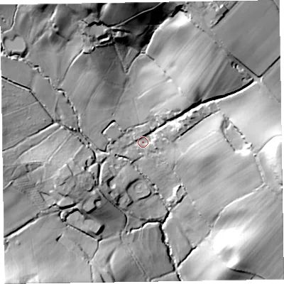 Shaded relief map of the ground around EX144TQ, computed from Environment Agency LiDAR. The ground here sits at about 114 m above sea level and falls 57 m across the surrounding 800 m. Surface water reaching this point runs off ground lying to the north-north-east, 43.2 m higher.