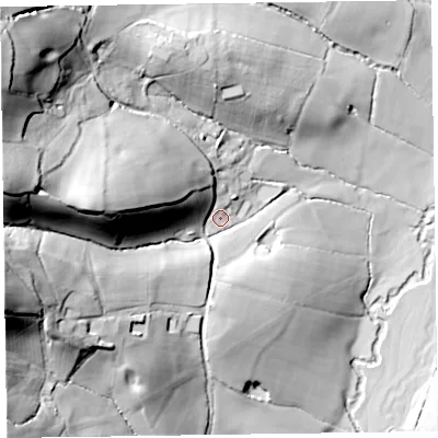Shaded relief map of the ground around EX144TR, computed from Environment Agency LiDAR. The ground here sits at about 126 m above sea level and falls 73 m across the surrounding 800 m. Surface water reaching this point runs off ground lying to the west, 54.7 m higher.