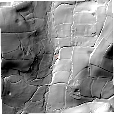 Shaded relief map of the ground around EX144UB, computed from Environment Agency LiDAR. The ground here sits at about 128 m above sea level and falls 68 m across the surrounding 800 m. Surface water reaching this point runs off ground lying to the north-east, 63.3 m higher.