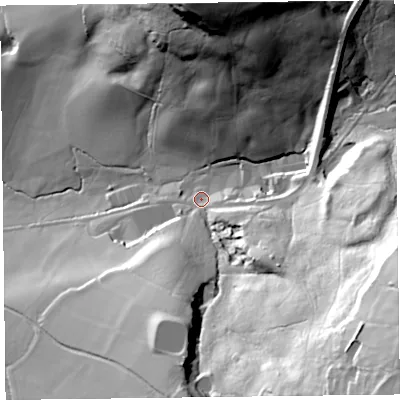 Shaded relief map of the ground around EX149AY, computed from Environment Agency LiDAR. The ground here sits at about 113 m above sea level and falls 87 m across the surrounding 800 m. Surface water reaching this point runs off ground lying to the south-east, 74.7 m higher.