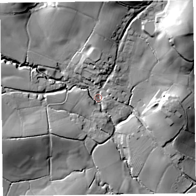 Shaded relief map of the ground around EX149BP, computed from Environment Agency LiDAR. The ground here sits at about 84 m above sea level and falls 56 m across the surrounding 800 m. Surface water reaching this point runs off ground lying to the north-north-east, 36.7 m higher.