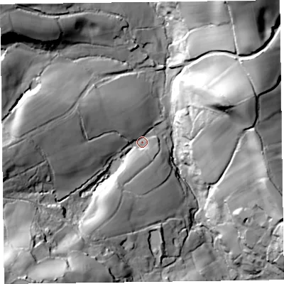 Shaded relief map of the ground around EX149BU, computed from Environment Agency LiDAR. The ground here sits at about 111 m above sea level and falls 80 m across the surrounding 800 m. Surface water reaching this point runs off ground lying to the south-west, 70.0 m higher.