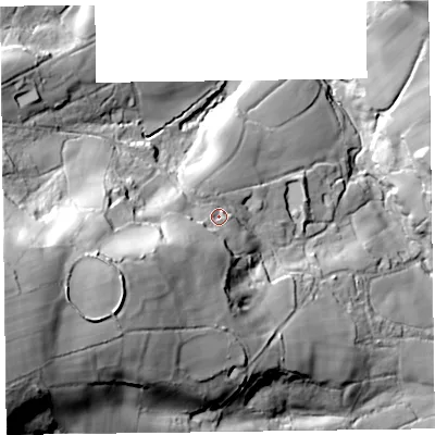 Shaded relief map of the ground around EX149DB, computed from Environment Agency LiDAR. The ground here sits at about 135 m above sea level and falls 95 m across the surrounding 800 m. Surface water reaching this point runs off ground lying to the west-south-west, 39.1 m higher.
