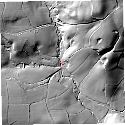 Shaded relief map of the ground around EX149DX, computed from Environment Agency LiDAR. The ground here sits at about 132 m above sea level and falls 85 m across the surrounding 800 m. Surface water reaching this point runs off ground lying to the north-north-east, 71.5 m higher.