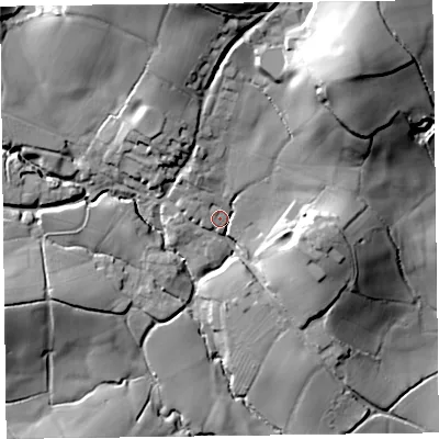 Shaded relief map of the ground around EX149EF, computed from Environment Agency LiDAR. The ground here sits at about 88 m above sea level and falls 57 m across the surrounding 800 m. Surface water reaching this point runs off ground lying to the north-east, 44.7 m higher.