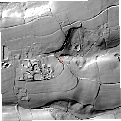 Shaded relief map of the ground around EX149EJ, computed from Environment Agency LiDAR. The ground here sits at about 122 m above sea level and falls 61 m across the surrounding 800 m. Surface water reaching this point runs off ground lying to the west, 33.5 m higher.