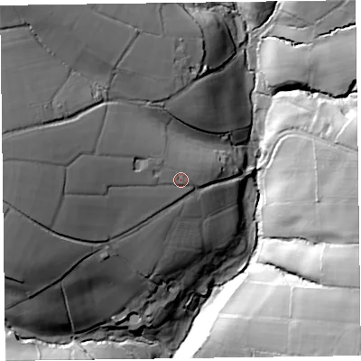 Shaded relief map of the ground around EX149HT, computed from Environment Agency LiDAR. The ground here sits at about 151 m above sea level and falls 55 m across the surrounding 800 m. Surface water reaching this point runs off ground lying to the west-north-west, 6.5 m higher.