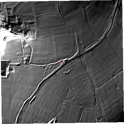 Shaded relief map of the ground around EX149NB, computed from Environment Agency LiDAR. The ground here sits at about 254 m above sea level and falls 52 m across the surrounding 800 m. Surface water reaching this point runs off ground lying to the south-south-east, 11.5 m higher.