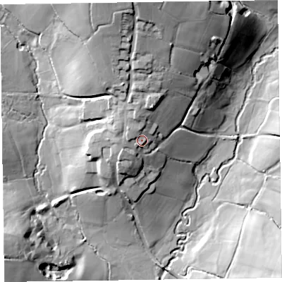 Shaded relief map of the ground around EX149PL, computed from Environment Agency LiDAR. The ground here sits at about 149 m above sea level and falls 36 m across the surrounding 800 m. Surface water reaching this point runs off ground lying to the north-west, 3.4 m higher.