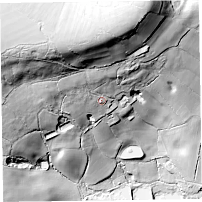 Shaded relief map of the ground around EX149QE, computed from Environment Agency LiDAR. The ground here sits at about 197 m above sea level and falls 111 m across the surrounding 800 m. Surface water reaching this point runs off ground lying to the north-west, 60.6 m higher.