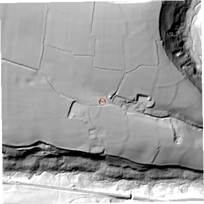 Shaded relief map of the ground around EX149SY, computed from Environment Agency LiDAR. The ground here sits at about 141 m above sea level and falls 72 m across the surrounding 800 m. Surface water reaching this point runs off ground lying to the north-west, 23.9 m higher.