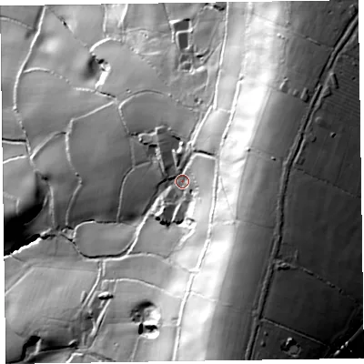 Shaded relief map of the ground around EX149TU, computed from Environment Agency LiDAR. The ground here sits at about 205 m above sea level and falls 111 m across the surrounding 800 m. Surface water reaching this point runs off ground lying to the east, 53.1 m higher.