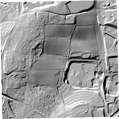 Shaded relief map of the ground around EX14BG, computed from Environment Agency LiDAR. The ground here sits at about 35 m above sea level and falls 40 m across the surrounding 800 m. Surface water reaching this point runs off ground lying to the north-north-west, 24.0 m higher.