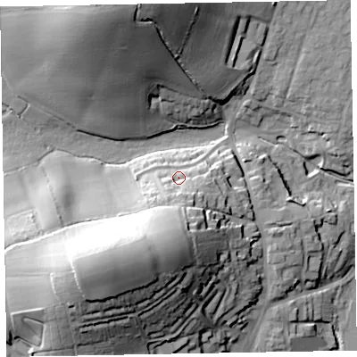 Shaded relief map of the ground around EX151BA, computed from Environment Agency LiDAR. The ground here sits at about 66 m above sea level and falls 46 m across the surrounding 800 m. Surface water reaching this point runs off ground lying to the south-south-west, 27.9 m higher.