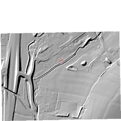 Shaded relief map of the ground around EX151BH, computed from Environment Agency LiDAR. The ground here sits at about 52 m above sea level and falls 19 m across the surrounding 800 m. Surface water reaching this point runs off ground lying to the north-east, 7.1 m higher.
