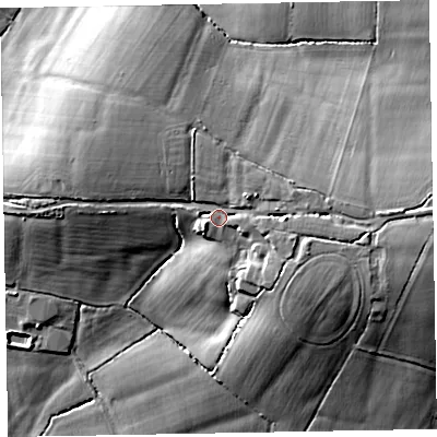 Shaded relief map of the ground around EX151BJ, computed from Environment Agency LiDAR. The ground here sits at about 69 m above sea level and falls 23 m across the surrounding 800 m. Surface water reaching this point runs off ground lying to the east, 8.1 m higher.