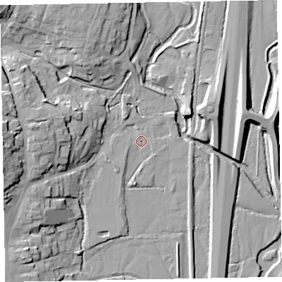 Shaded relief map of the ground around EX151BQ, computed from Environment Agency LiDAR. The ground here sits at about 51 m above sea level and falls 20 m across the surrounding 800 m. Surface water reaching this point runs off ground lying to the west, 17.4 m higher.