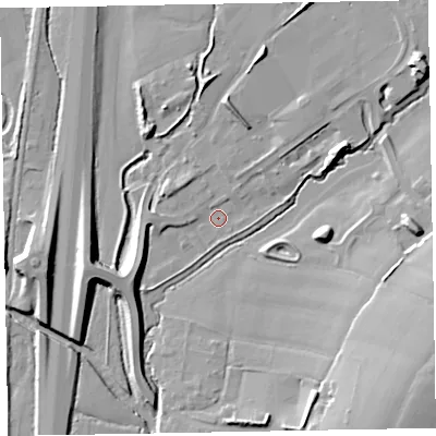 Shaded relief map of the ground around EX151BS, computed from Environment Agency LiDAR. The ground here sits at about 52 m above sea level and falls 18 m across the surrounding 800 m. Surface water reaching this point runs off ground lying to the east-north-east, 7.1 m higher.