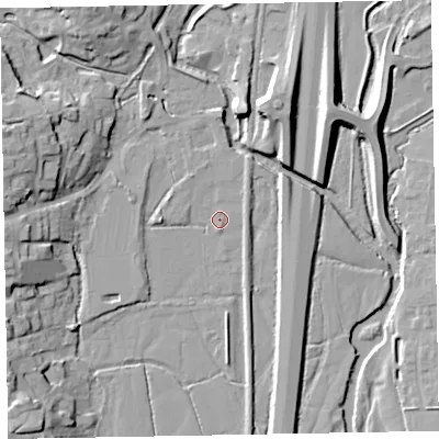 Shaded relief map of the ground around EX151BT, computed from Environment Agency LiDAR. The ground here sits at about 51 m above sea level and falls 16 m across the surrounding 800 m. Surface water reaching this point runs off ground lying to the north, 2.7 m higher.