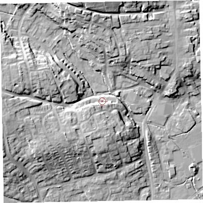 Shaded relief map of the ground around EX151BU, computed from Environment Agency LiDAR. The ground here sits at about 58 m above sea level and falls 25 m across the surrounding 800 m. Surface water reaching this point runs off ground lying to the west-south-west, 5.8 m higher.