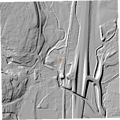 Shaded relief map of the ground around EX151BW, computed from Environment Agency LiDAR. The ground here sits at about 53 m above sea level and falls 16 m across the surrounding 800 m. Surface water reaching this point runs off ground lying to the north-north-west, 1.2 m higher.