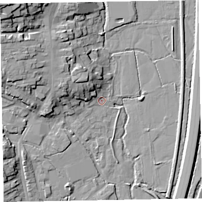 Shaded relief map of the ground around EX151DE, computed from Environment Agency LiDAR. The ground here sits at about 49 m above sea level and falls 27 m across the surrounding 800 m. Surface water reaching this point runs off ground lying to the west-north-west, 10.7 m higher.