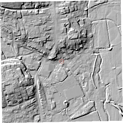 Shaded relief map of the ground around EX151DN, computed from Environment Agency LiDAR. The ground here sits at about 51 m above sea level and falls 26 m across the surrounding 800 m. Surface water reaching this point runs off ground lying to the north-west, 15.6 m higher.